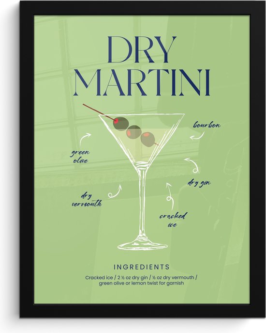 Fotolijst incl. Poster - Cocktail - Groen - Dry Martini - Vintage - Posterlijst