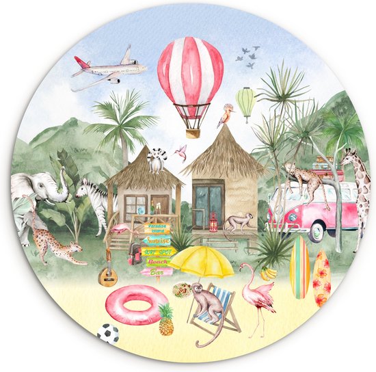 Foto: Wallcircle wandcirkel safari dieren 60x60 cm muurcirkel kinderkamer meisje meisjeskamer decoratie roze slaapkamer accessoires kinderen ronde schilderijen kinderslaapkamer muurdecoratie meisjes kamer wanddecoratie jeugdkamer