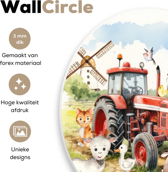 Close-up van een rode tractor met een schaap, eend en kuiken. Tekst "WallCircle" en "3 mm dik" zichtbaar.