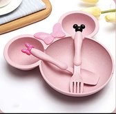 Ensemble assiettes et couverts enfant rose forme Minnie Mouse - bol avec fourchette et cuillère détail avec oreilles - Incassable - déjeuner petit déjeuner dîner auto-apprentissage enfant - Cadeau maternité