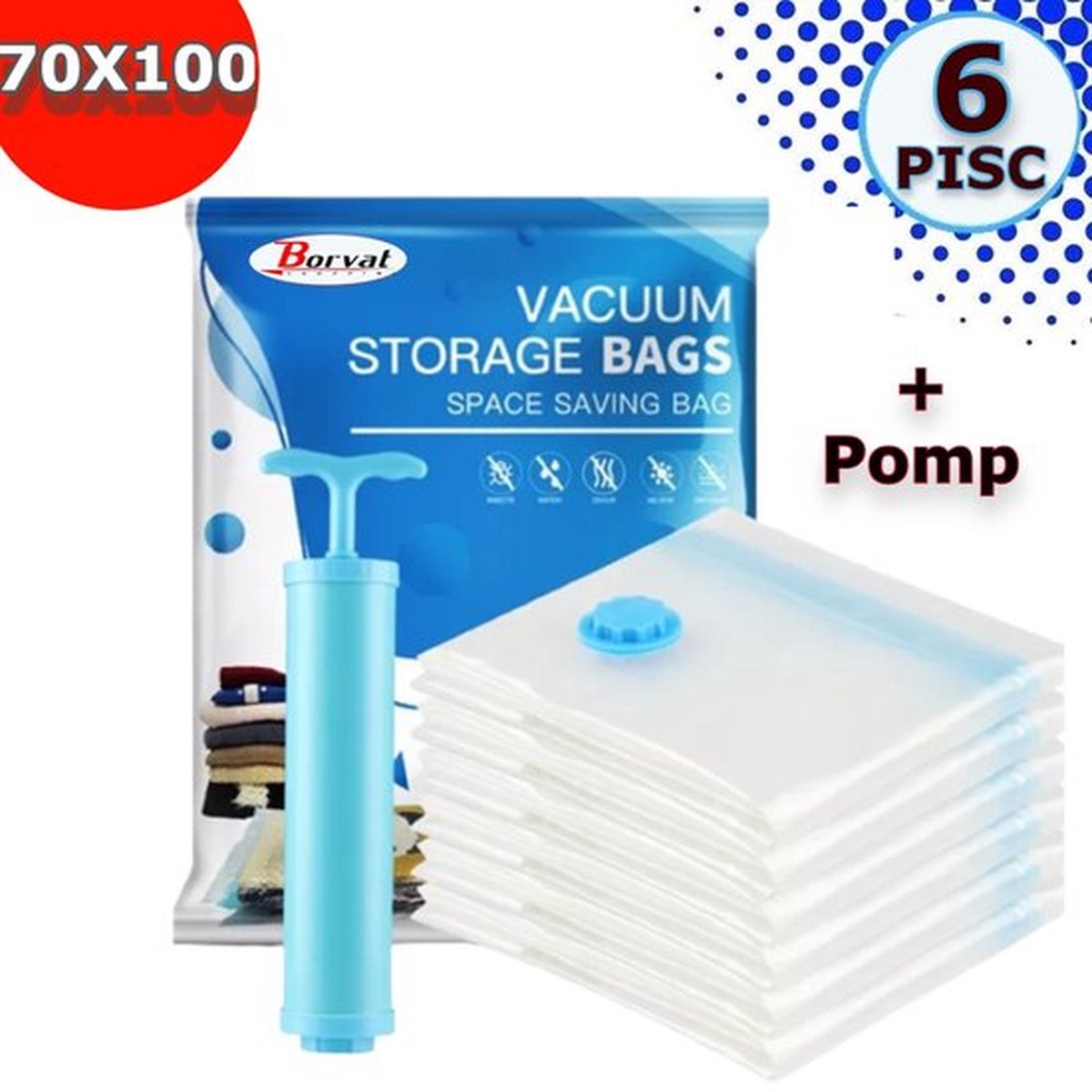 IBBO® - Vacuüm Opbergzakken - 6 Stuks - Met handpomp - Vacuümzakken - Opbergzak - Vacuüm Zakken - 70 x 100 CM