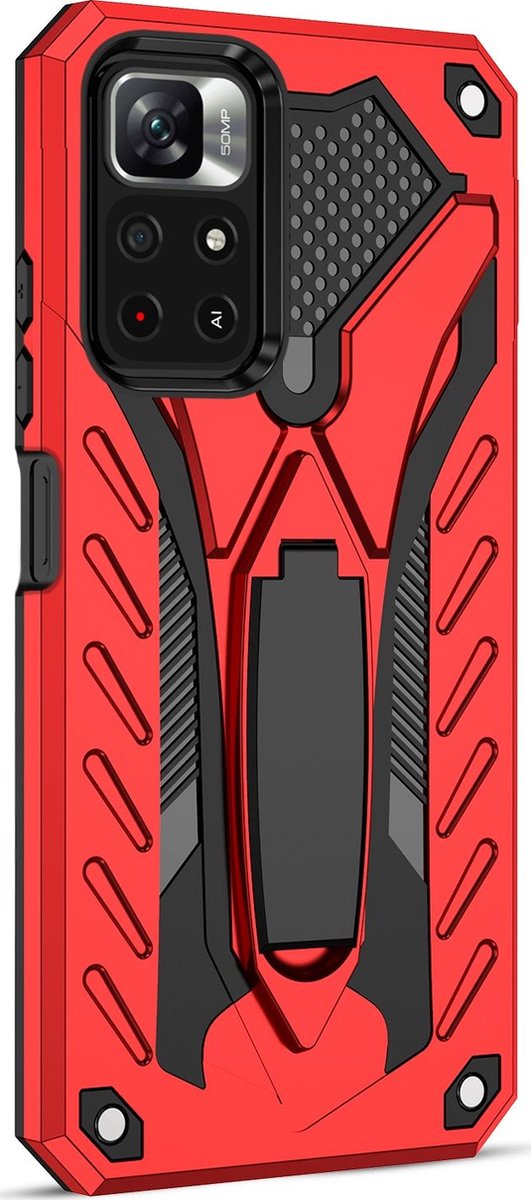 Mobigear Hoesje geschikt voor POCO M4 Pro 5G Telefoonhoesje Hardcase | Mobigear Armor Stand Backcover Shockproof met Standaard | Schokbestendig M4 Pro 5G Telefoonhoesje | Anti Shock Proof - Rood