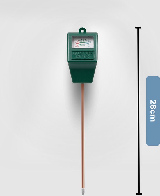 Groene vochtmeter met koperen pin. De totale lengte is 28 cm.