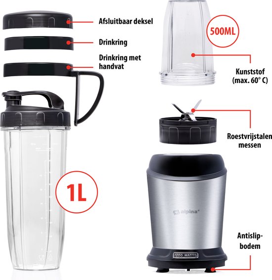 alpina Smoothie Maker - Blender To Go 500ml tot 1L - 1200W - RVS van Alpina — afbeelding 4