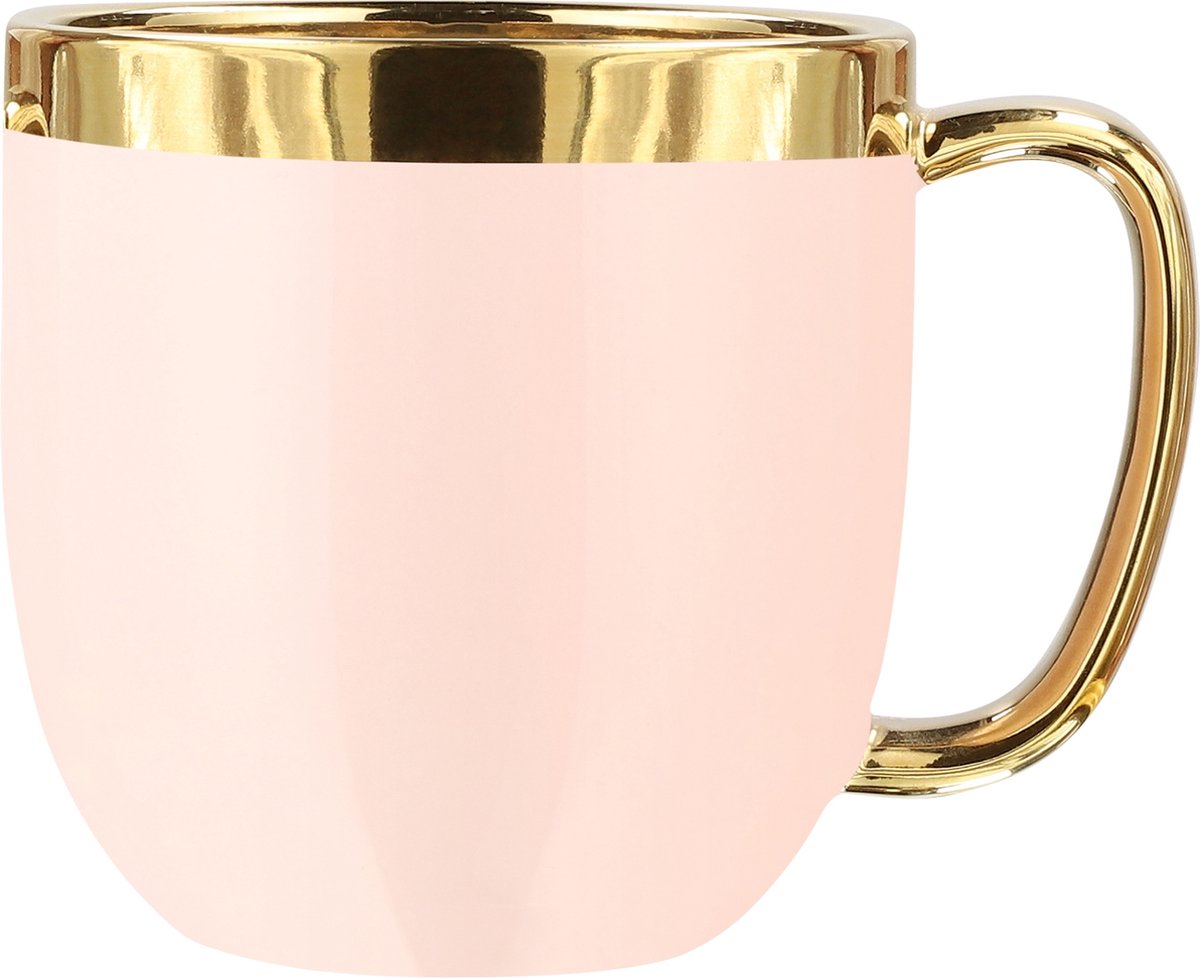 HOMLA sensorische beker met gouden decoratie - mok theekop koffiemok 0,28 l porselein verguld handgeschilderd roze en goud