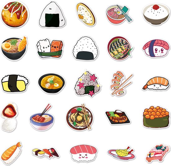 Autocollants Sushi & Nouilles - mix 50 pièces - Thema: Plats japonais/Cuisine asiatique - 5x6CM