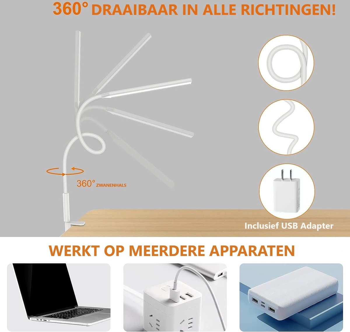 Lampen District® - LED Bureaulamp met klem - Oog beschermende - Hobbylamp - Flexibele Werklamp Wit- 3 Lichtstanden & 10 Helderheidsniveaus thumbnail 3