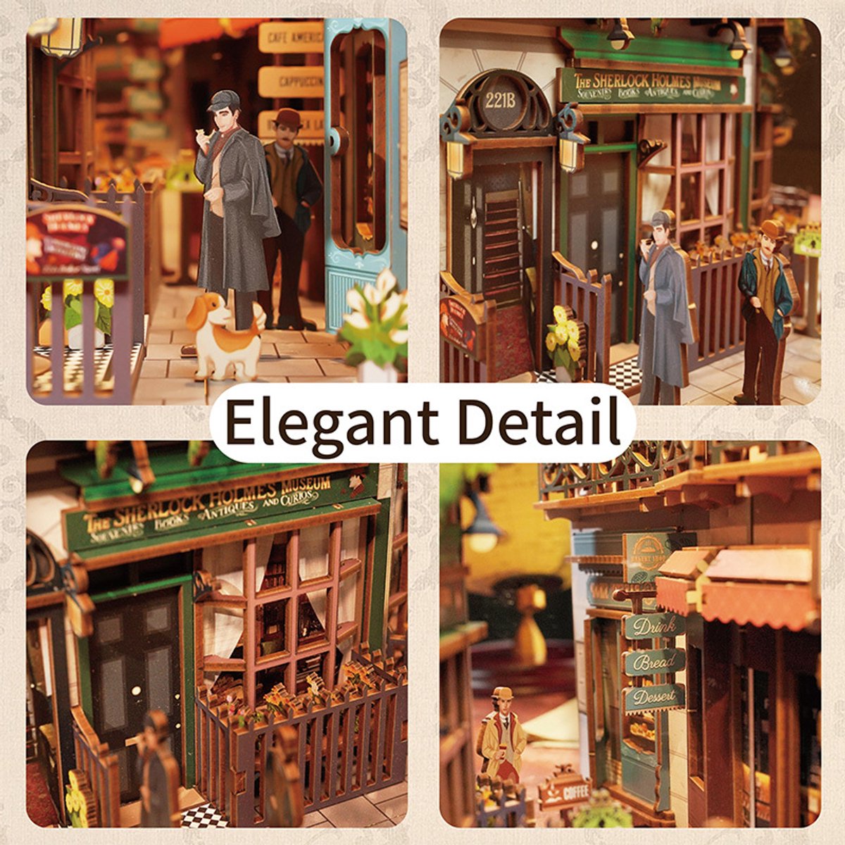 Tonecheer Baker Street Book Nook Bouwpakket - Modelbouw - 18,2 x 8 x 24,5 cm - Houten 3D Puzzel - Boekensteun - LED-licht - Bewegingssensor Licht - Boekenhouder — afbeelding 6
