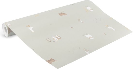 Behangrol met 'Little Farm' print, met boerderijdieren zoals koeien en varkens op een lichtgroene achtergrond.