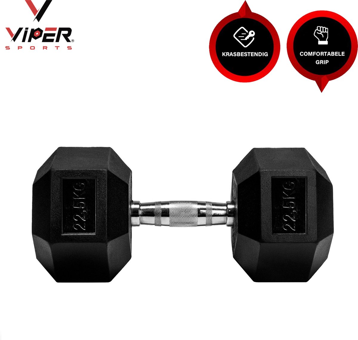 Viper Sports Iron Black Gewicht 22.5 kg – Dumbbells – Anti-slip – Zeshoek design – Hexagon-Design - RVS/Rubber – Zilver/Zwart - 1 Stuks