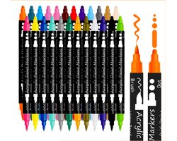 foto van Acryl Marker Verfstiften (24 Kleuren )- Dual tip-met dubbele penpunt- Acrylverf Tekenset- Acrylstiften- Acrylic Verf Markers Met Fijne Tip Ronde Tip -Voor Rock Schilderen Canvas Glas Keramiek Hout DIY Ambachten Kleurplaten Decoreren (DAP24)
