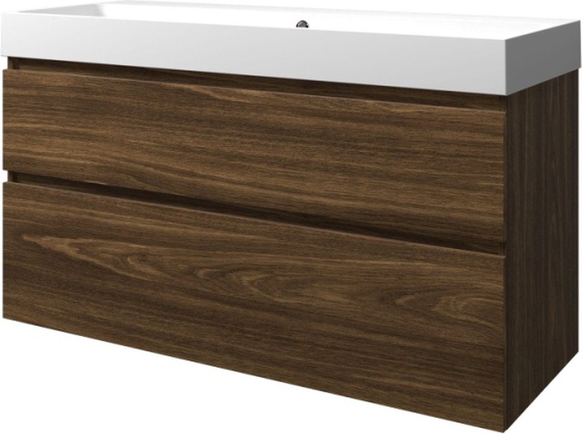 Proline polystone Loft badmeubelset met wastafelonderkast met 2 asymmetrische lades en polystone wastafel zonder kraangat 120 x 70 x 46 cm, cabana oak