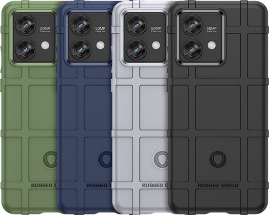 Vier Rugged Shield telefoonhoesjes in groen, blauw, zilver en zwart.