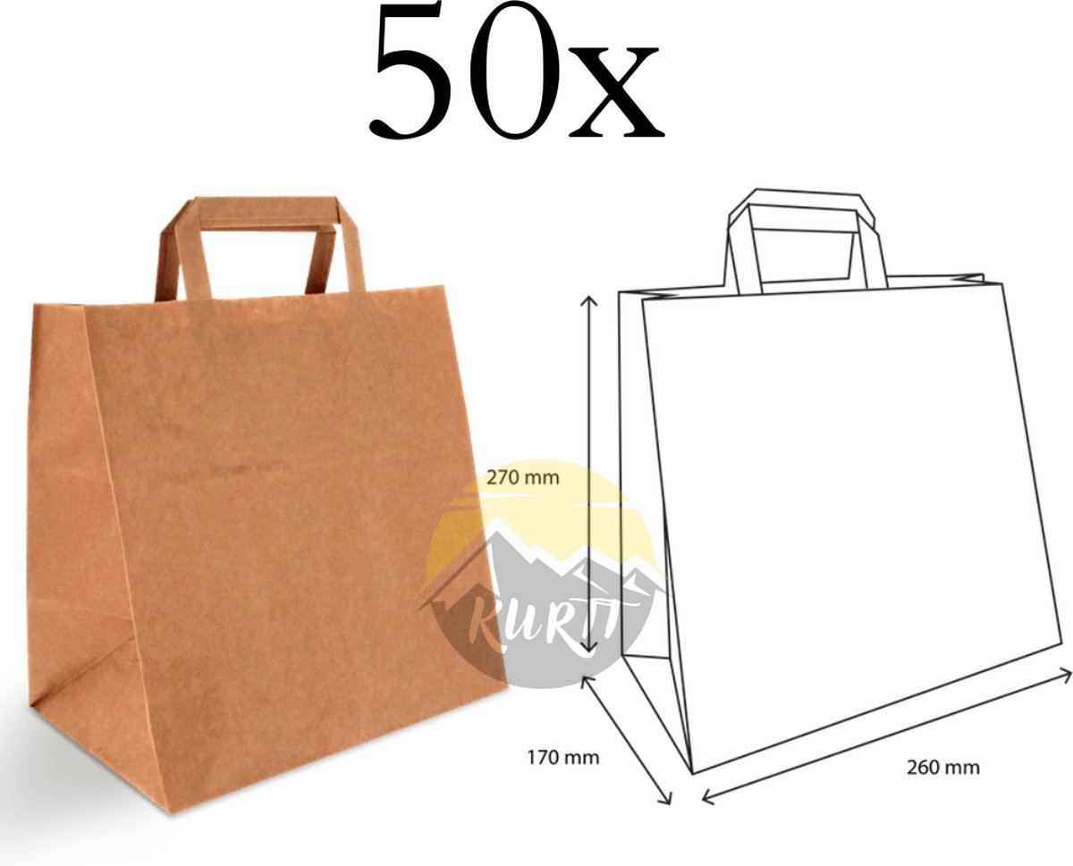KURTT - Papieren draagtas / papieren tassen 26+17x27cm bruin, 50 stuks