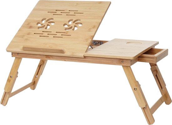 Laptop tafel MCW-B81, laptop tafel bedtafel klaptafel met ventilatiegaten opvouwbaar in hoogte verstelbaar, bamboe