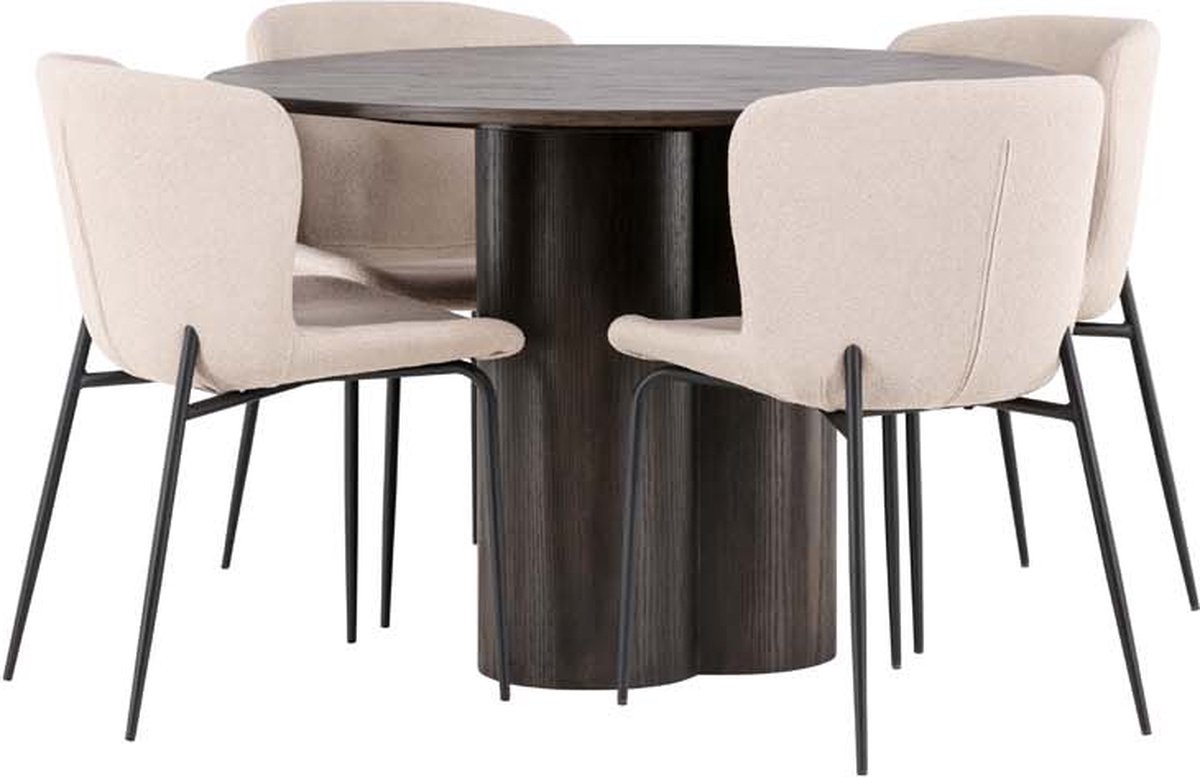Olivia eethoek tafel mokka en 4 Modesto stoelen beige.