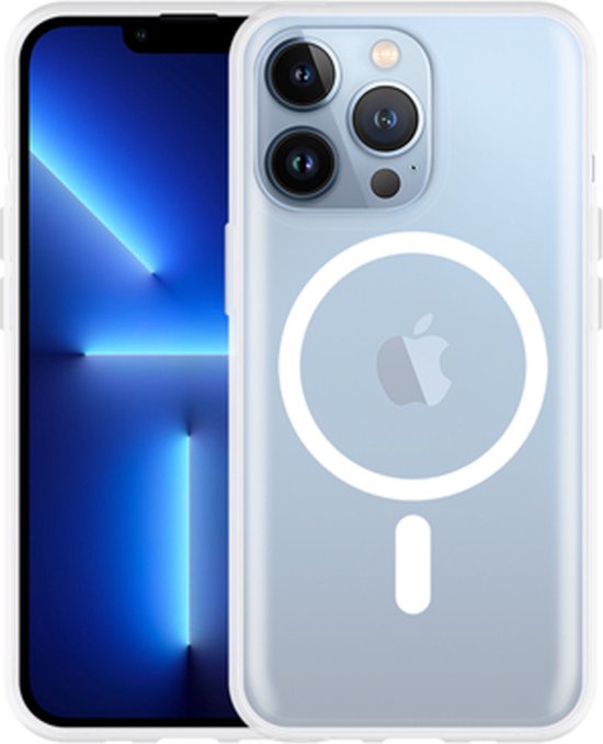 Apple iPhone 13 Pro avec une coque transparente "Just in Case" avec anneau MagSafe. Téléphone avec écran bleu.