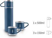 Professionele Drinkfles - Thermosfles - Inclusief 3 Bekers - RVS - Blauw - Handige Dop - Voor Buitenactiviteiten - 500ml