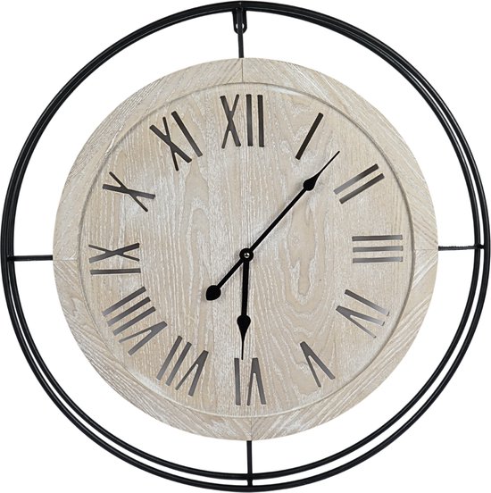 Hogewoning - Wandklok naturel op batterij 57 cm - decoratie klokken - klok met romeinse cijfers - klok om op te hangen - houten klok -