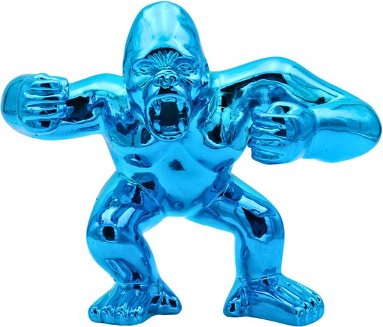 King Kong Beeld Blauw - Pop Art - Kunstwerk Decoratie Beelden- Woondecoratie Sculptuur - Interieur Decoratie - Geplateerd Kunst Standbeeld - Aap Gorilla Beeldje