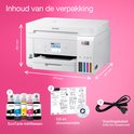 Afmetingen van de witte Epson EcoTank printer: 231 mm hoog, 375 mm breed, 347 mm diep. Inhoud: inktflessen, documentatie-cd, voedingskabel.