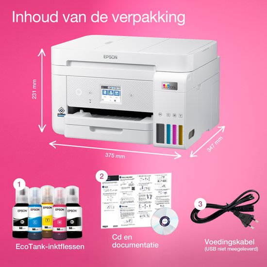 Afmetingen van de witte Epson EcoTank printer: 231 mm hoog, 375 mm breed, 347 mm diep. Inhoud: inktflessen, documentatie-cd, voedingskabel.