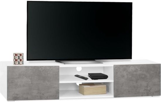 Meuble TV ELI portes blanches aspect béton, 140 cm | bol