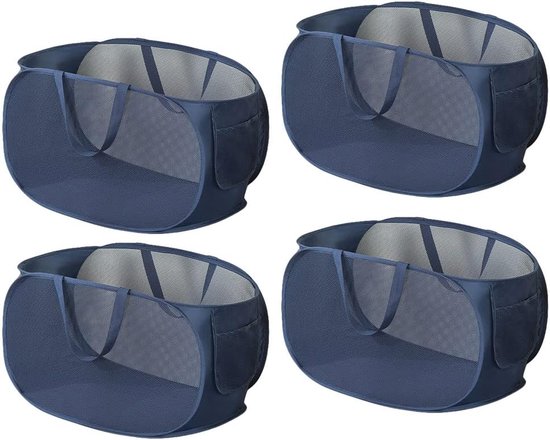 Panier à linge pliable, collecteur de linge, panier de rangement, 4 paniers en maille, pliables, grands conteneurs portables légers, rangement avec poignée, poche latérale pour le linge, speelgoed (bleu foncé)