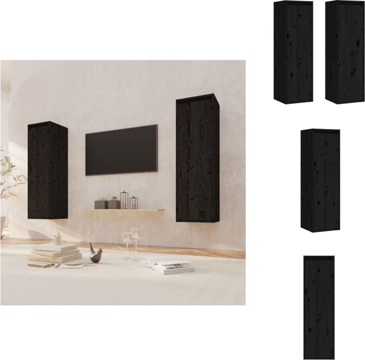 VidaXL Zwevende Wandkast Massief Grenenhout 30 x 30 x 100 cm Zwart Wandsteun
