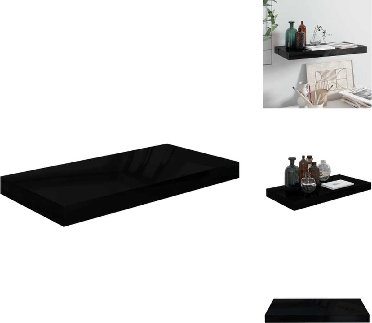 VidaXL Wandplank Decoratie 50 x 23 x 3.8 cm Stijlvol Hoogglans Zwart Wandsteun
