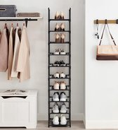 Schoenenrek, 10 niveaus, schoenenrek, schoenenopberger, smal, 33 x 33 x 173 cm, metalen frame, planken van vliesstof, voor hal, slaapkamer, zwart LSR110B02