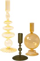 WinQ - Kleurige Glaskandelaren in een geel net goud Combinatie - Kaarsenhouder glas - Set bestaande uit 3 stuks – Decoratie woonkamer - Dinerkaarsen en/of Stompkaarsen