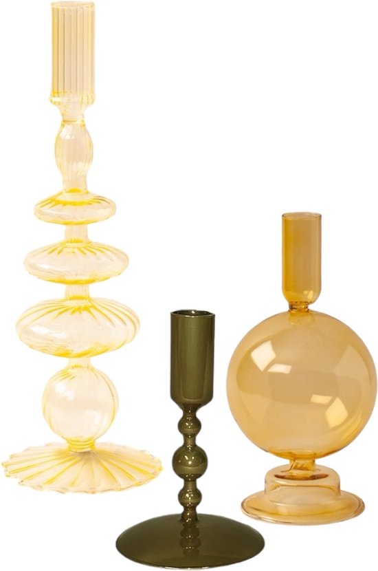 WinQ - Kleurige Glaskandelaren in een geel net goud Combinatie - Kaarsenhouder glas - Set bestaande uit 3 stuks – Decoratie woonkamer - Dinerkaarsen en/of Stompkaarsen