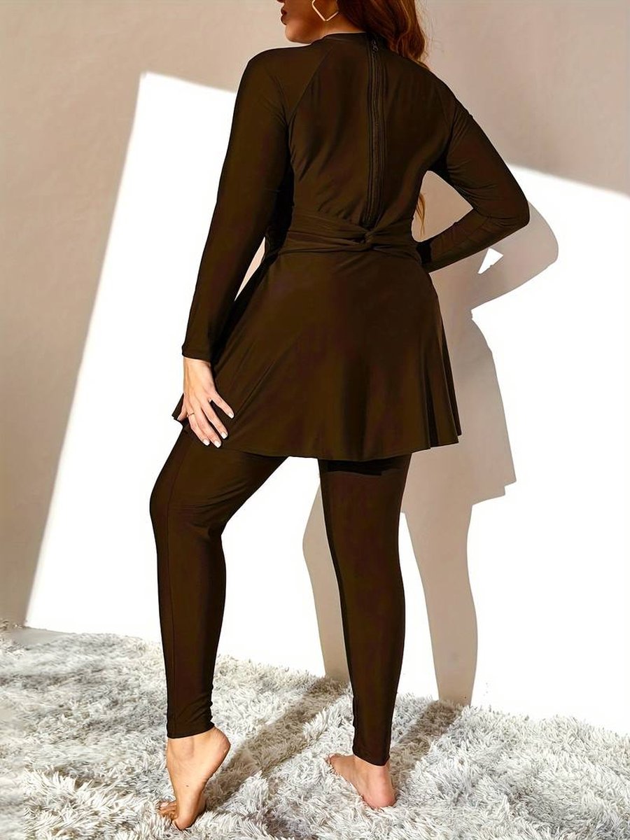 Burkini Islamitisch Zwempak - Boerkini Moslima - Grote Maten Bescheiden Tankini set - Dames Lange Mouw Effen Kleur Zonwering Watersport Rok Top en Zwemlegging - 2 - delige Burkini set islamitische Zwemkleding - Bruin — afbeelding 4