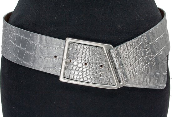Thimbly Belts Dames brede heupriem zilverkleurig croco - dames riem - 6 cm breed - Zilver - Echt Nerf Leer - Taille: 95cm - Totale lengte riem: 110cm