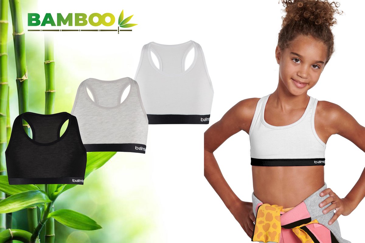 Bamboo - BH Meisjes - Topjes Meisjes Ondergoed - Crop Top Meisjes - 3 Stuks - Zwart Grijs wit - 146-152 - Ondergoed Meisjes - Ondergoed Kinderen