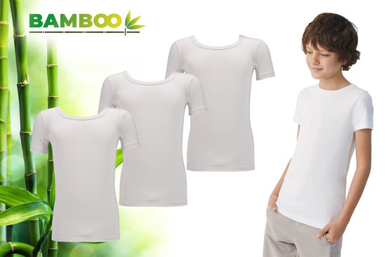 Bamboo - T Shirt Kinderen Jongens - Ronde Hals - 3 Stuks - Wit - 110-116 - Bamboe - Ondershirt - Extra Lang - Anti Zweet T-Shirt Jongens