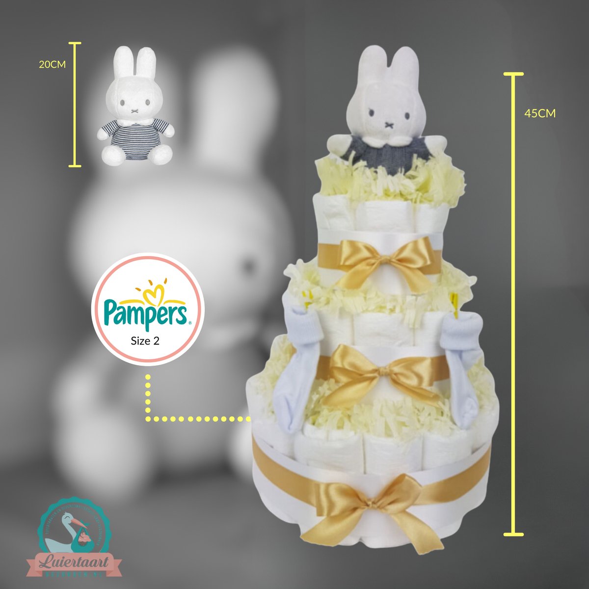 Goedkoopste Luiertaart neutraal 3-laags met Nijntje, 45 A-merk pampers en XL kaart - kraamcadeau - babyshower- pampertaart