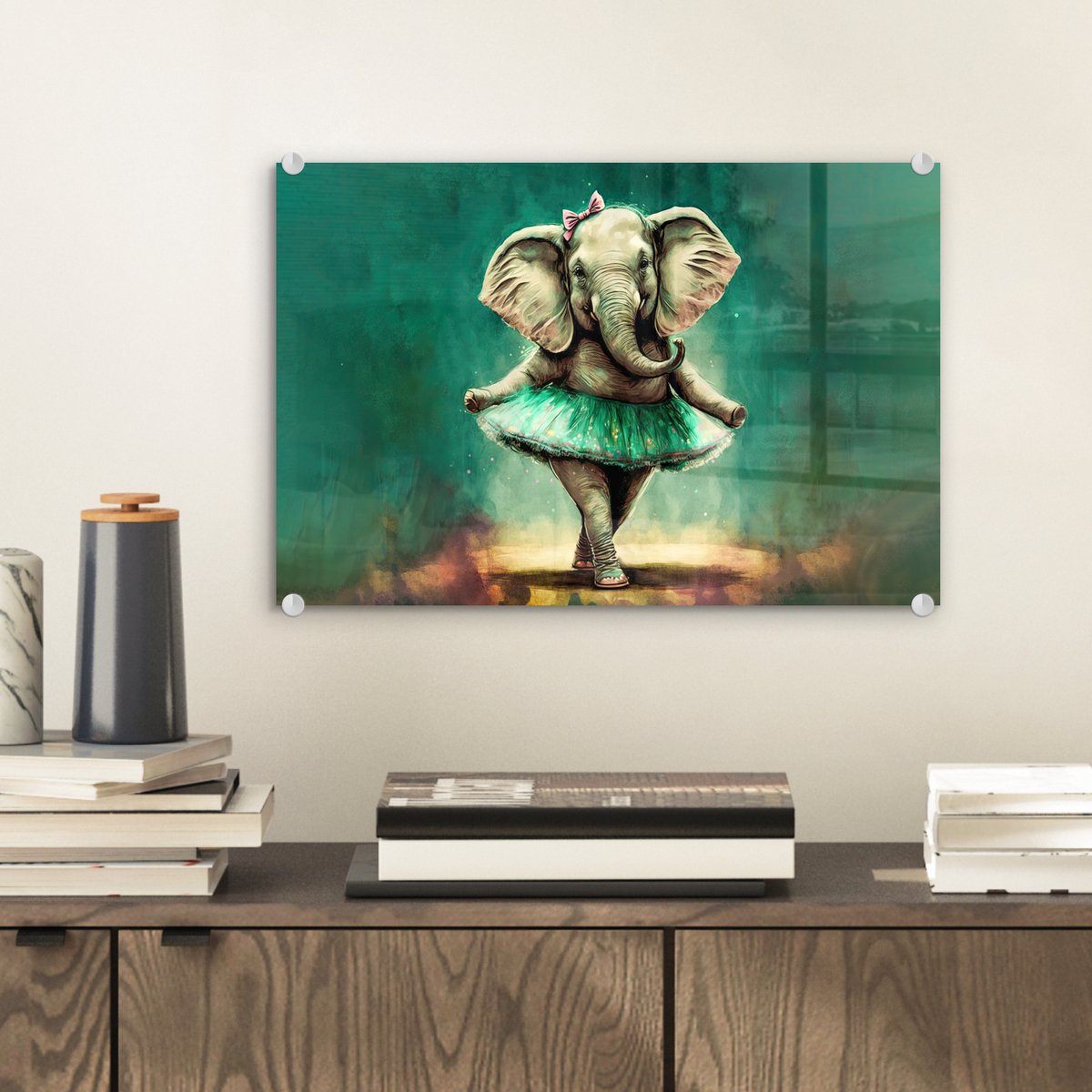 MuchoWow® Glasschilderij 30x20 cm - Schilderij acrylglas - Olifant - Ballerina - Verf - Strik - Portret - Kinderen - Foto op glas - Schilderijen