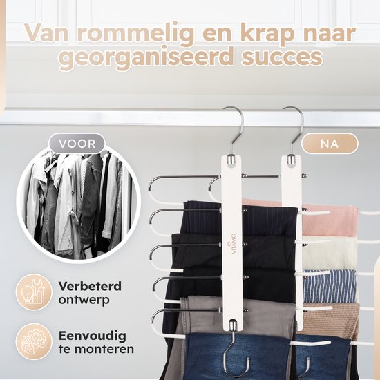 Voor en na: van rommelig naar georganiseerd met deze verbeterde, makkelijk te monteren broekenhanger.