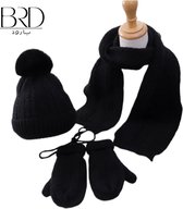 BRD® Winter | set voor kinderen Zwart - gevoerde muts, sjaal en handschoenen wanten met touw - kind winterset gebreid gevoerd met pompon - 3 delige set