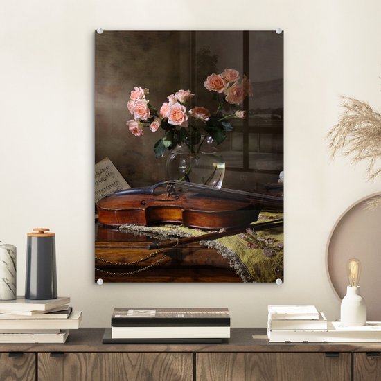 MuchoWow® Peinture sur Verre - Violon - Roses - Rose - Fleurs - Nature Morte - 30x40 cm - Peintures sur Verre Acrylique - Photo sur Glas
