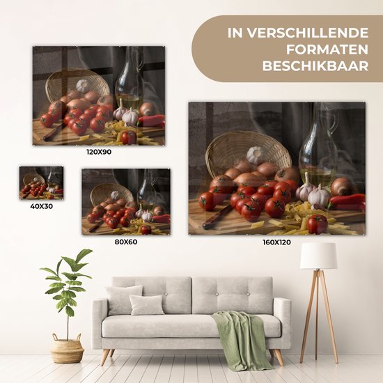 MuchoWow® Tableau sur verre 80x60 cm - Tableau sur verre acrylique - Planche à découper - Légume - Nature morte - Pâtes - Oignon - Tomate - Planche à découper - Photo sur verre - Décoration murale salon - Décoration murale chambre - Peintures