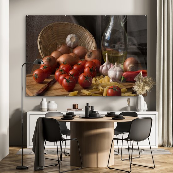 MuchoWow® Peinture sur verre 150x100 cm - Peinture sur verre acrylique - Planche à découper - Légumes - Nature morte - Pâtes - Off - Tomate - Planche à découper - Photo sur verre - Peintures
