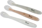 Bo Jungle - Set van 3 lepeltjes voor peuter - Leren eten met bestek - Zachte silicone tip - Soft Spoon set Silicone (White-Grey-Terracotta)