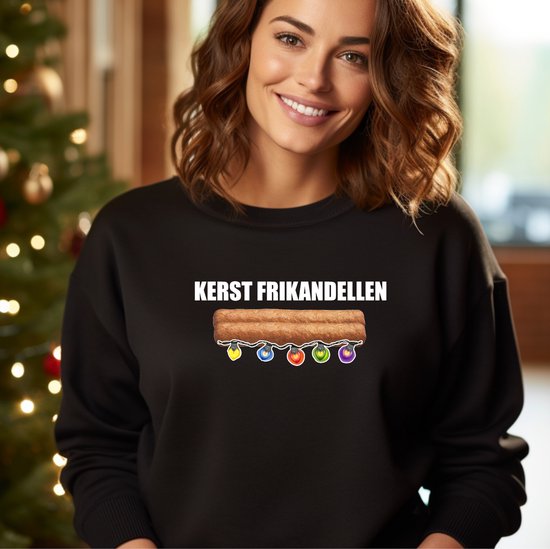 Foute kersttrui. Kerst Frikandellen. zwarte sweater-Unisex voor dames en heren. Maat 4XL