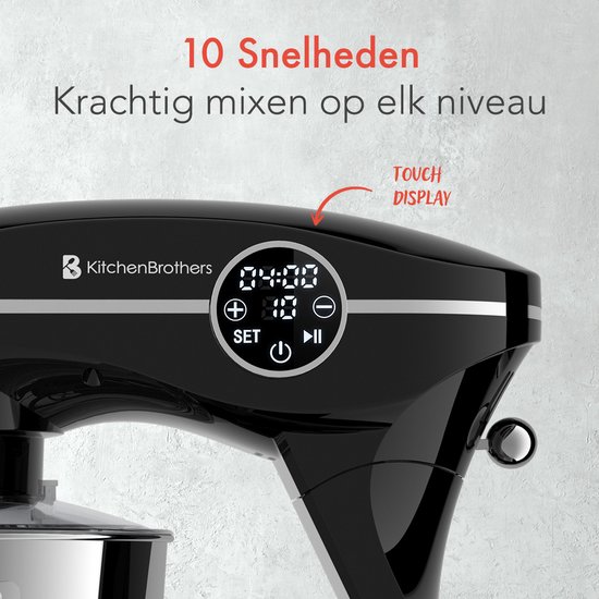 KitchenBrothers Keukenmachine - Touch Display en Timer - Keukenrobot - 6,2L - 1800W - Keukenmixer - Aluminium - Zwart van KitchenBrothers — afbeelding 3