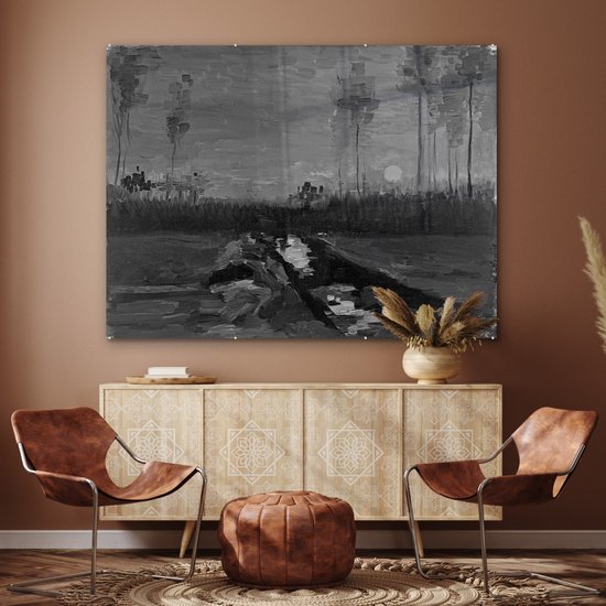 MuchoWow® Glasschilderij 160x120 cm - Schilderij acrylglas - Landschap in de schemering - Vincent van Gogh - Zwart - Wit - Foto op glas - Schilderijen