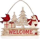 Hangdecoratie Kerstmis - houten hanger belettering met sneeuwpop en vogel - deurbord Kerstmis van hout voor deur, raam of muur (Welcome)