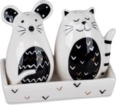 Set sel et poivre avec plateau - souris et chat - noir blanc or 11x9 cm - cadeau décoration de table fait main avec le sourire - céramique émaillée